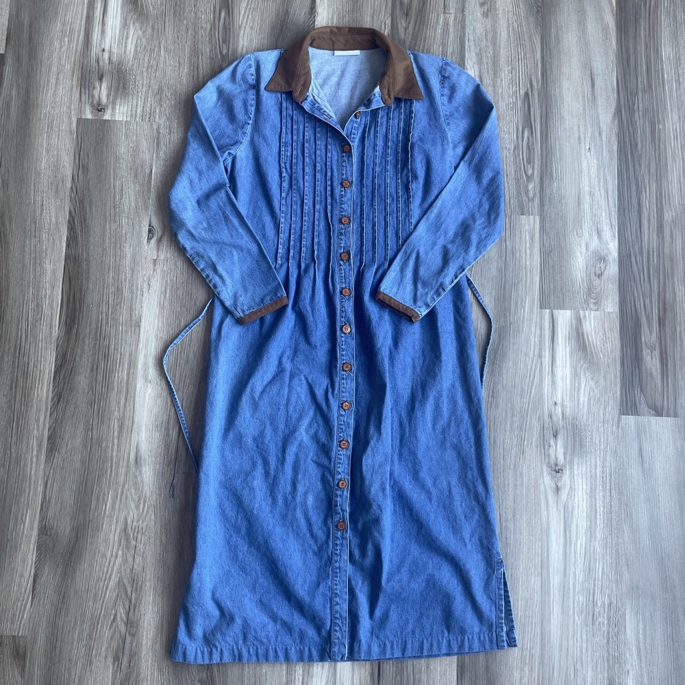 Button-Front Long Sleeve Denim Dress with Contrast Collar - Blue